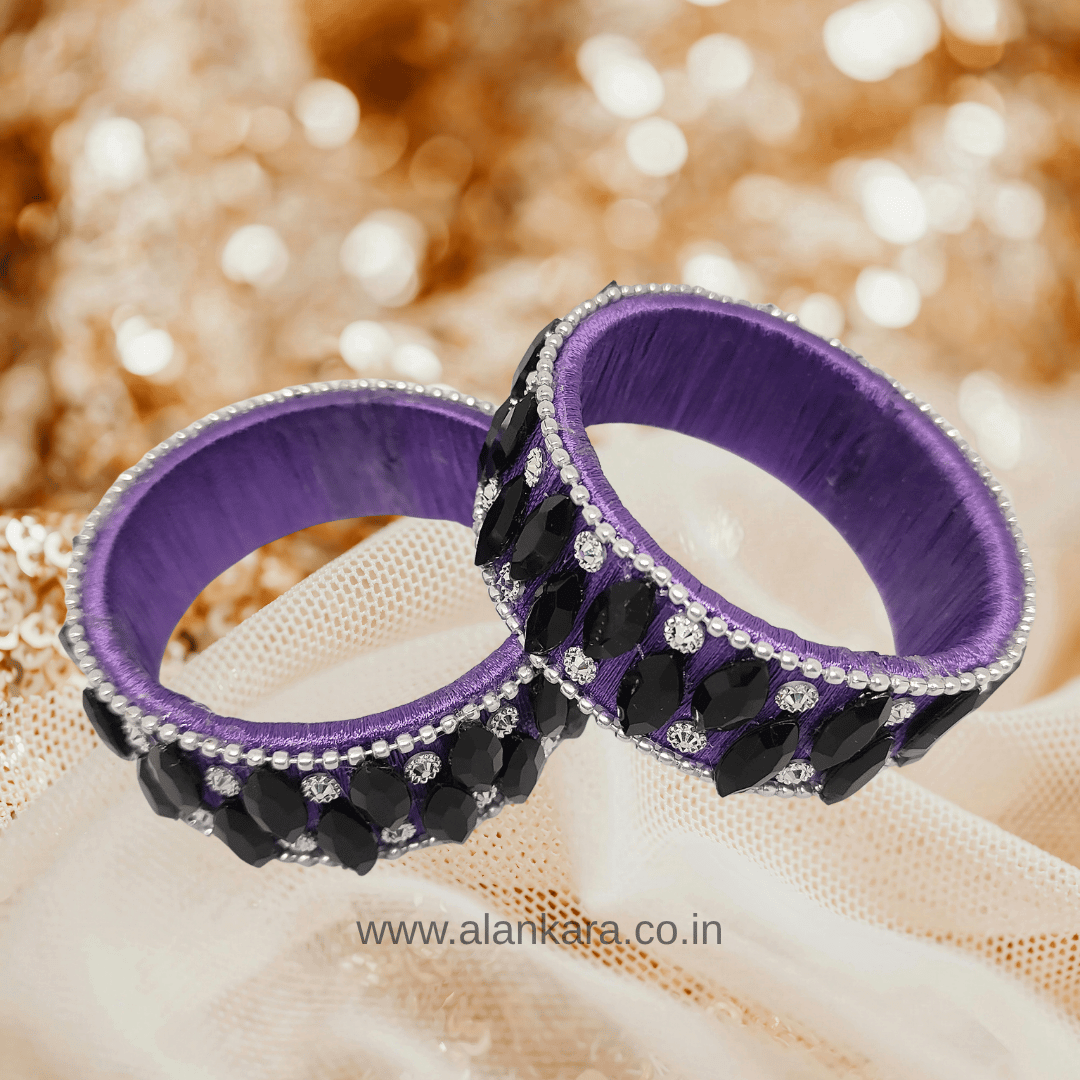 Purple Black Crystal Silk Thread Kada Bangles with black marquise crystals and white zircon stones on purple base.