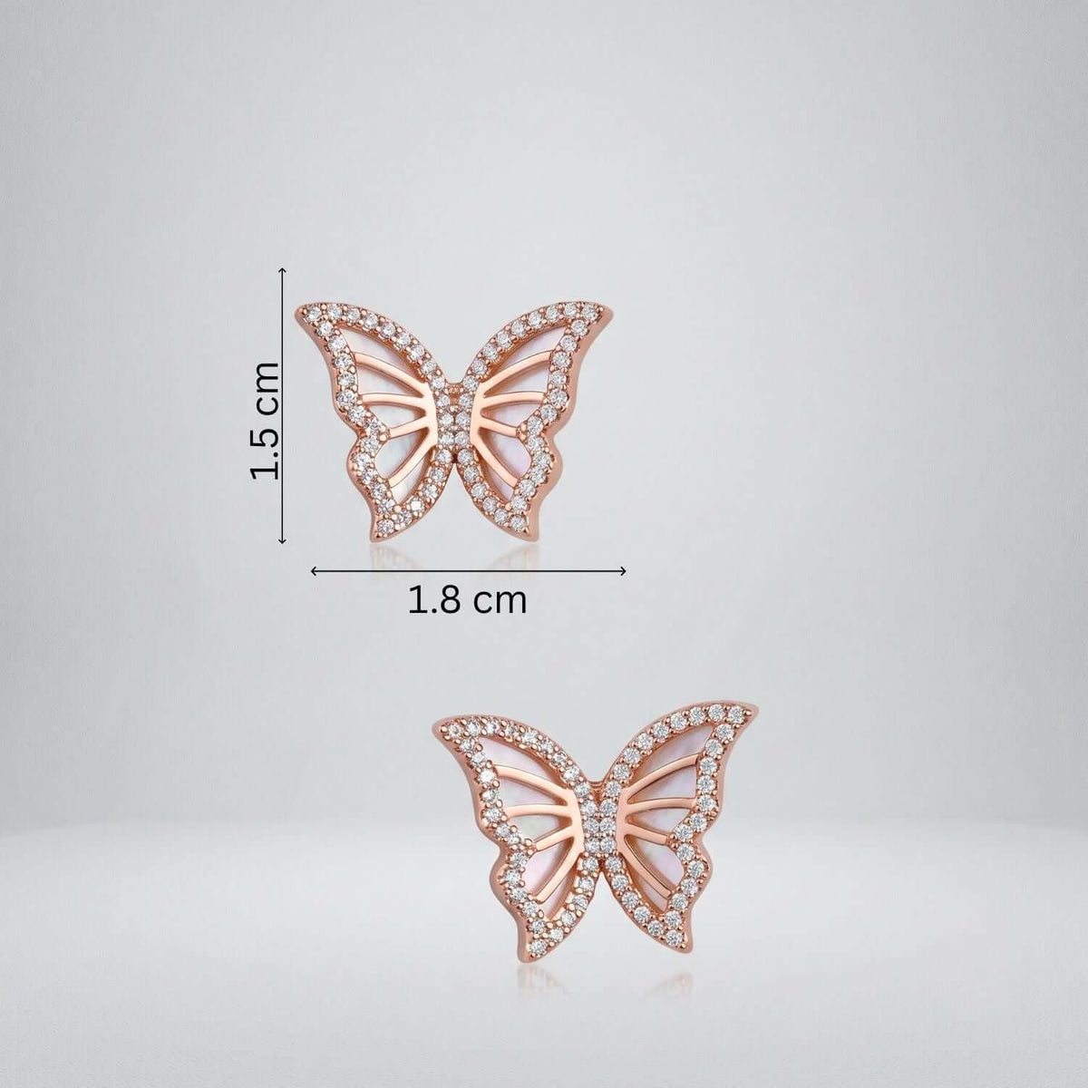 Rosegold Butterfly Stud earrings measuring 1.5 cm by 1.8 cm, featuring cubic zirconia for added sparkle.