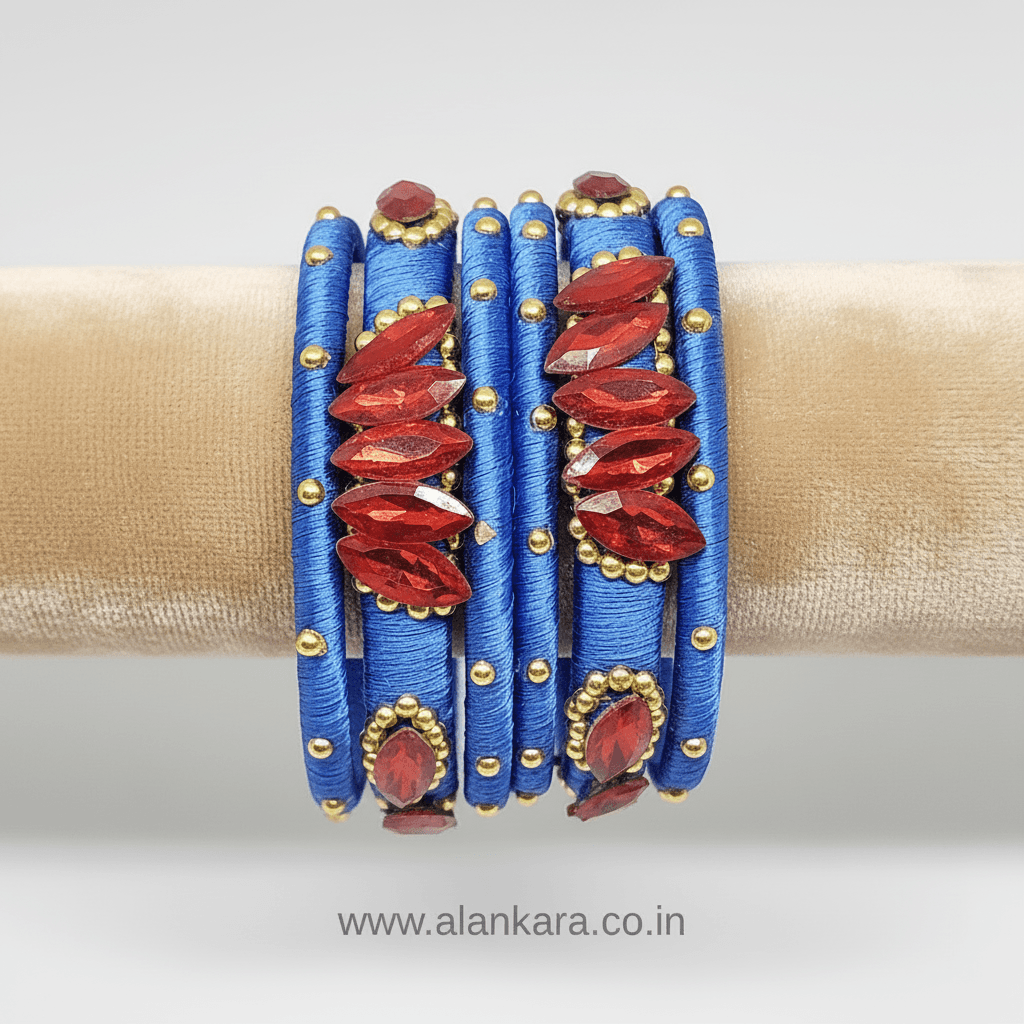 Royal Blue Red crystal silk thread bangles featuring red navette crystals and golden bead detailing.