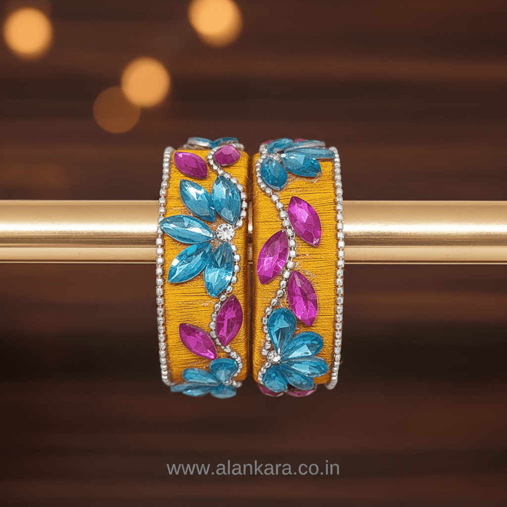 Mustard Floral Crystal Silk Thread Kada Bangles featuring aqua blue stones and pink marquise crystals on silk thread.