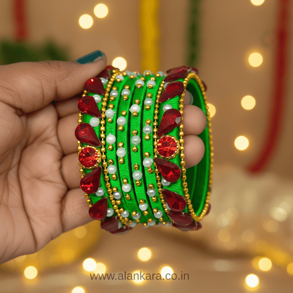Green & Red Crystal Silk Thread Bangles featuring vibrant silk and embellishments, ideal for festive attire.