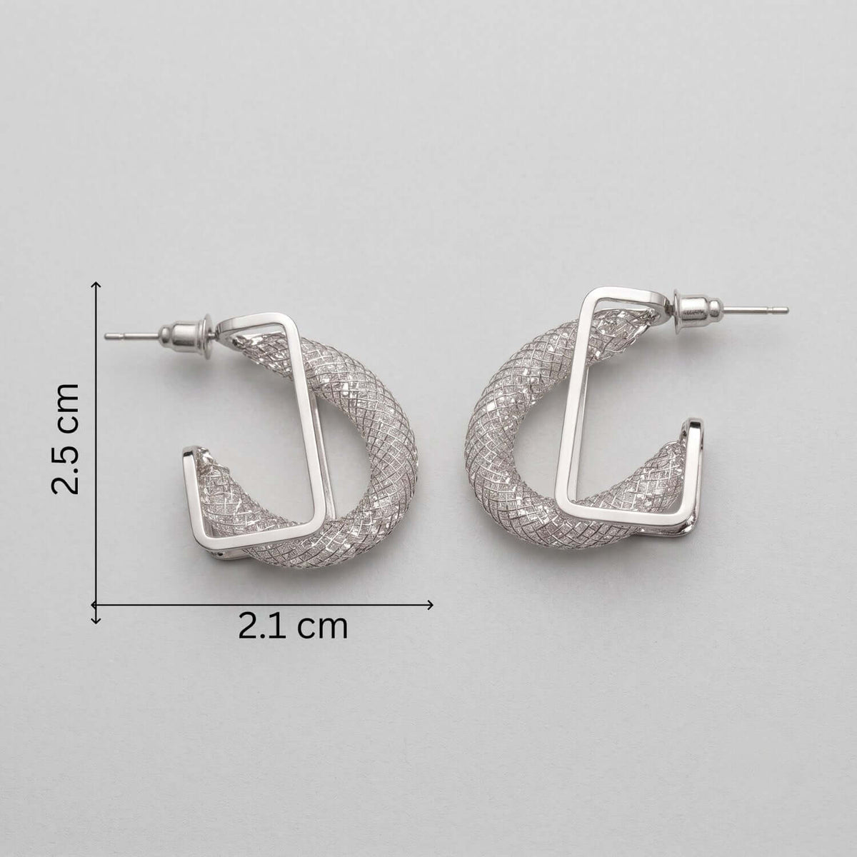 Silver Net Hoop earrings featuring a unique design, measuring 2.5 cm by 2.1 cm, perfect for Indian and western outfits.