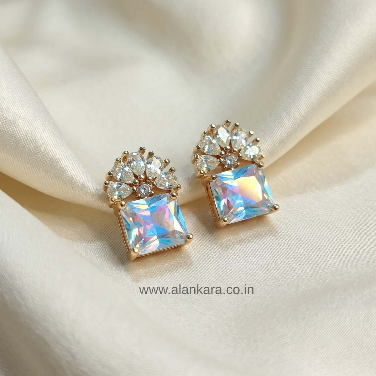 White floral Crystal Stud earrings featuring cubic zirconia stones, perfect for Indian and western outfits.