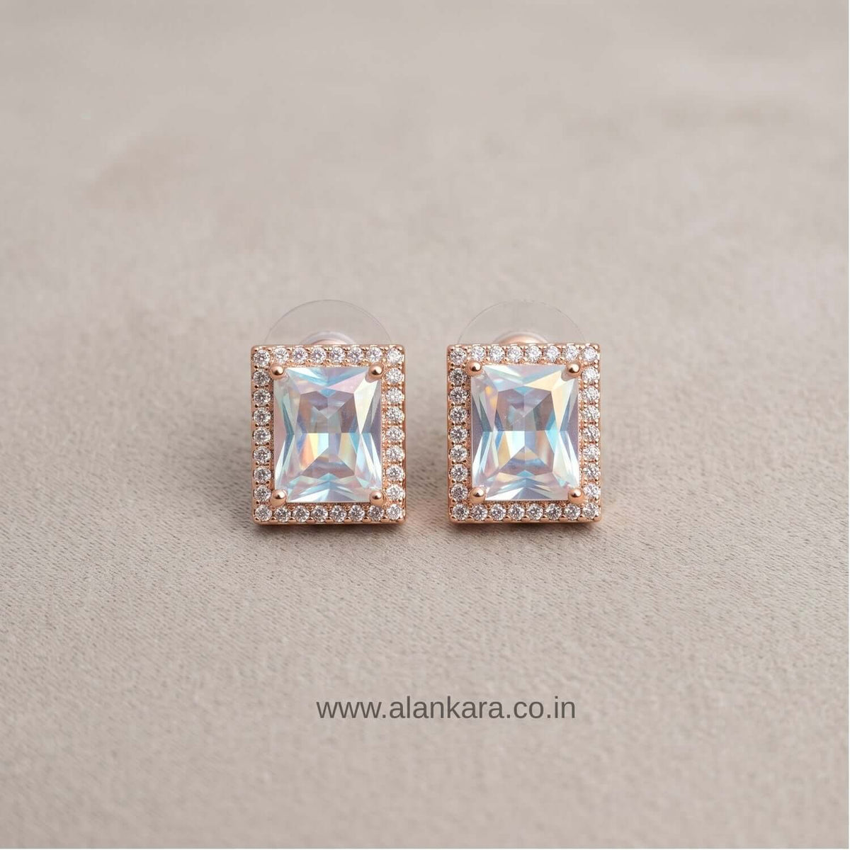 White Crystal Stud earrings with rose gold plating and cubic zirconia stones