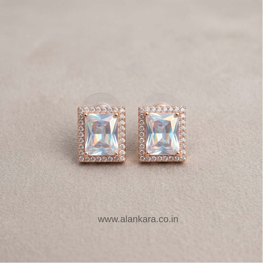 White Crystal Stud earrings with rose gold plating and cubic zirconia stones