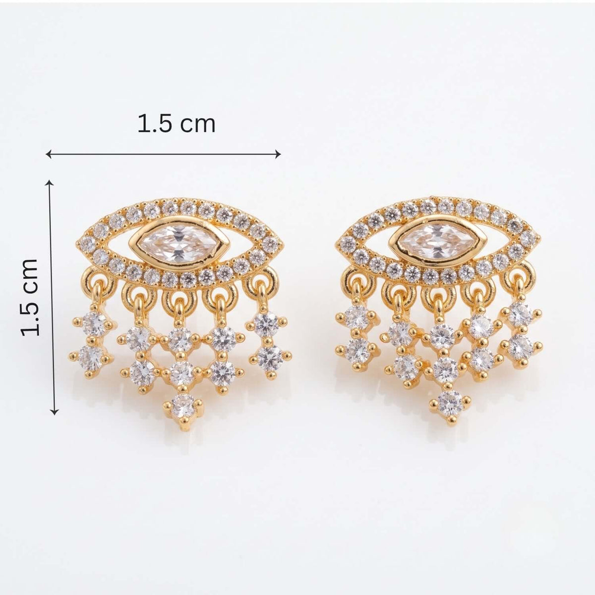 White Evil Eye Stud earrings with gold plating and cubic zirconia stones, measuring 1.5 cm.