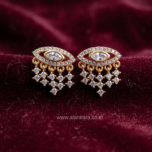 White Evil Eye Stud earring with cubic zirconia and gold plating, perfect for Indian or western outfits.
