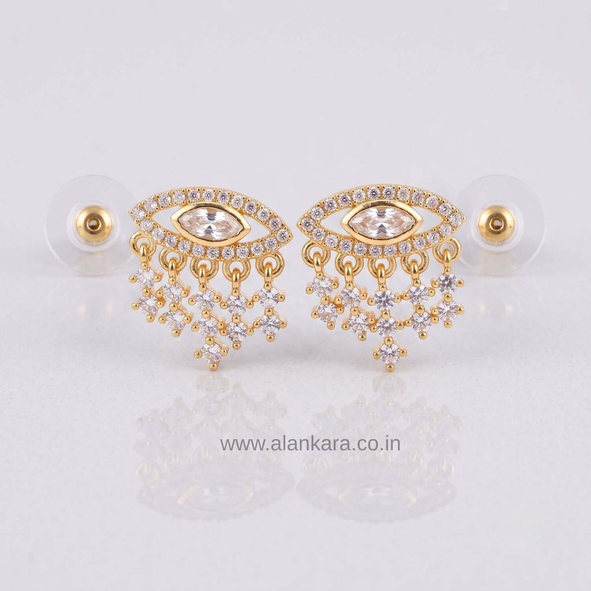 Elegant White Evil Eye Stud earrings with gold plating and cubic zirconia stones, perfect for any outfit.