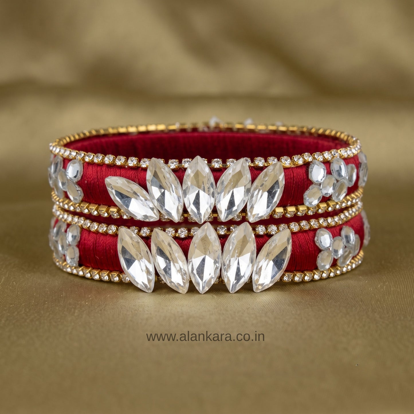 White Crystal Wine Silk Thread Kada Bangles with sparkling white crystals and rich wine silk thread accents.