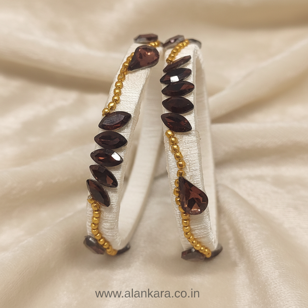 White Wine Lotus Silk Thread Kada Bangles with marquise crystals and golden beads handcrafted for ethnic style.