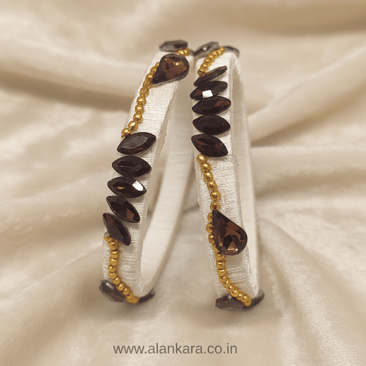 White Wine Lotus Silk Thread Kada Bangles with marquise crystals and golden beads handcrafted for ethnic style.