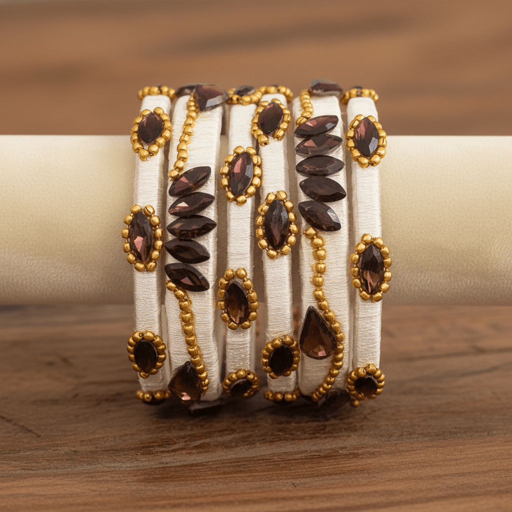 White Wine Crystal Silk Thread Bangles, handcrafted with silk thread, marquise crystals, and golden beads, ideal for celebrations.