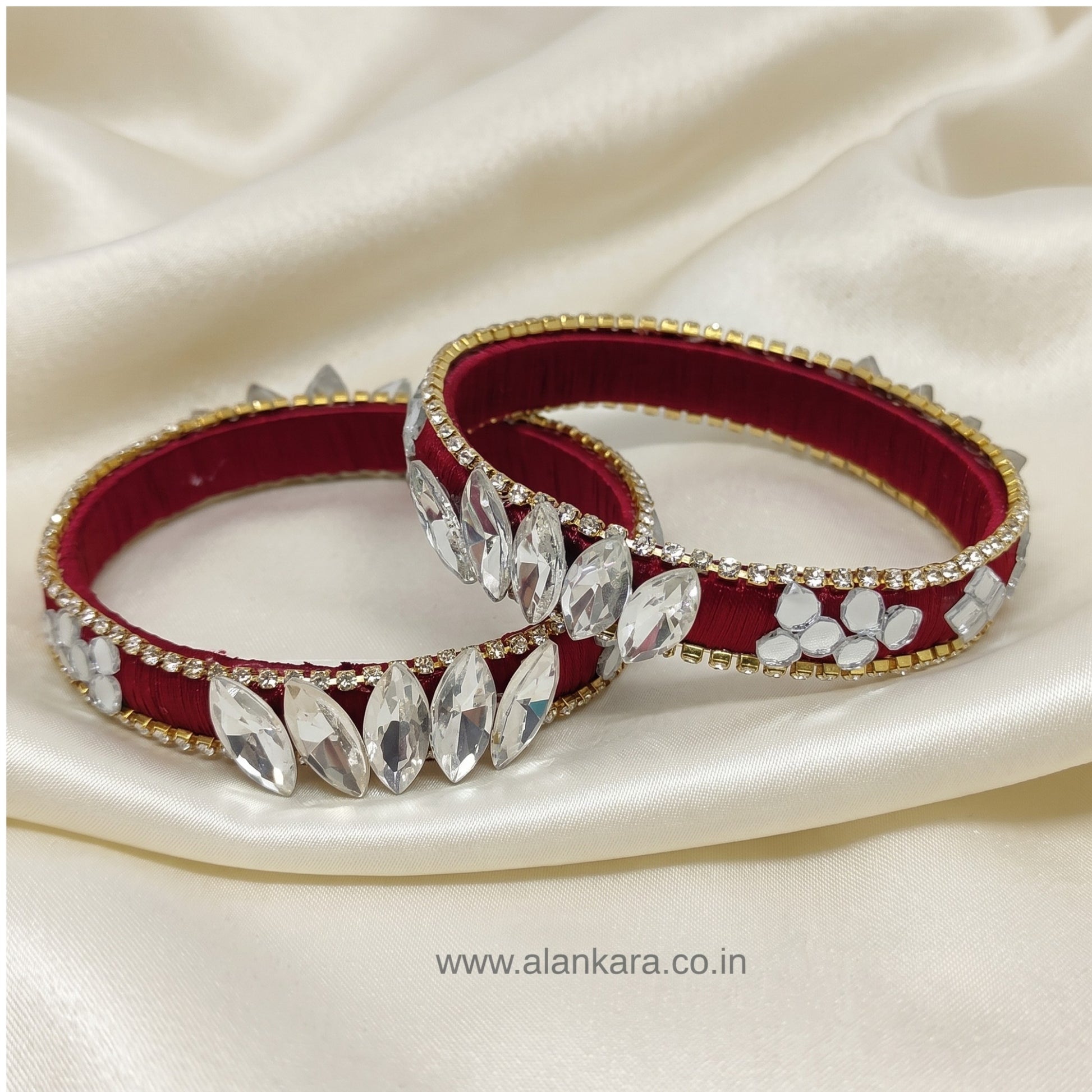 White Crystal Wine Silk Thread Kada Bangles adorned with sparkling white crystals and American diamond details.