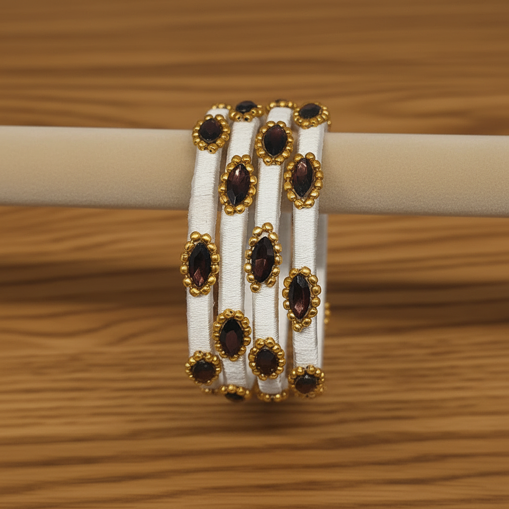 White wine silk thread bangles embellished with wine crystals and golden beads