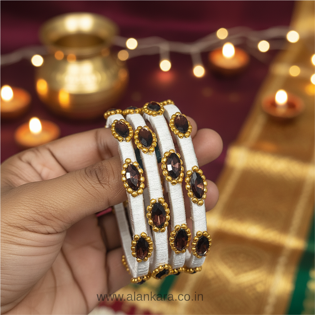 White wine silk thread bangles with sparkling white crystals and golden beads