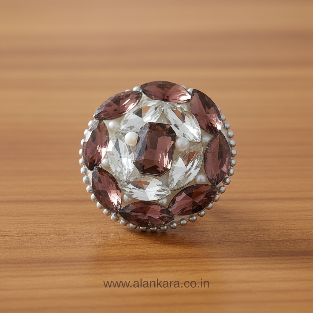 Wine & White Crystal Pearl Saree Pin featuring sparkling crystals and delicate pearls on a round brooch.