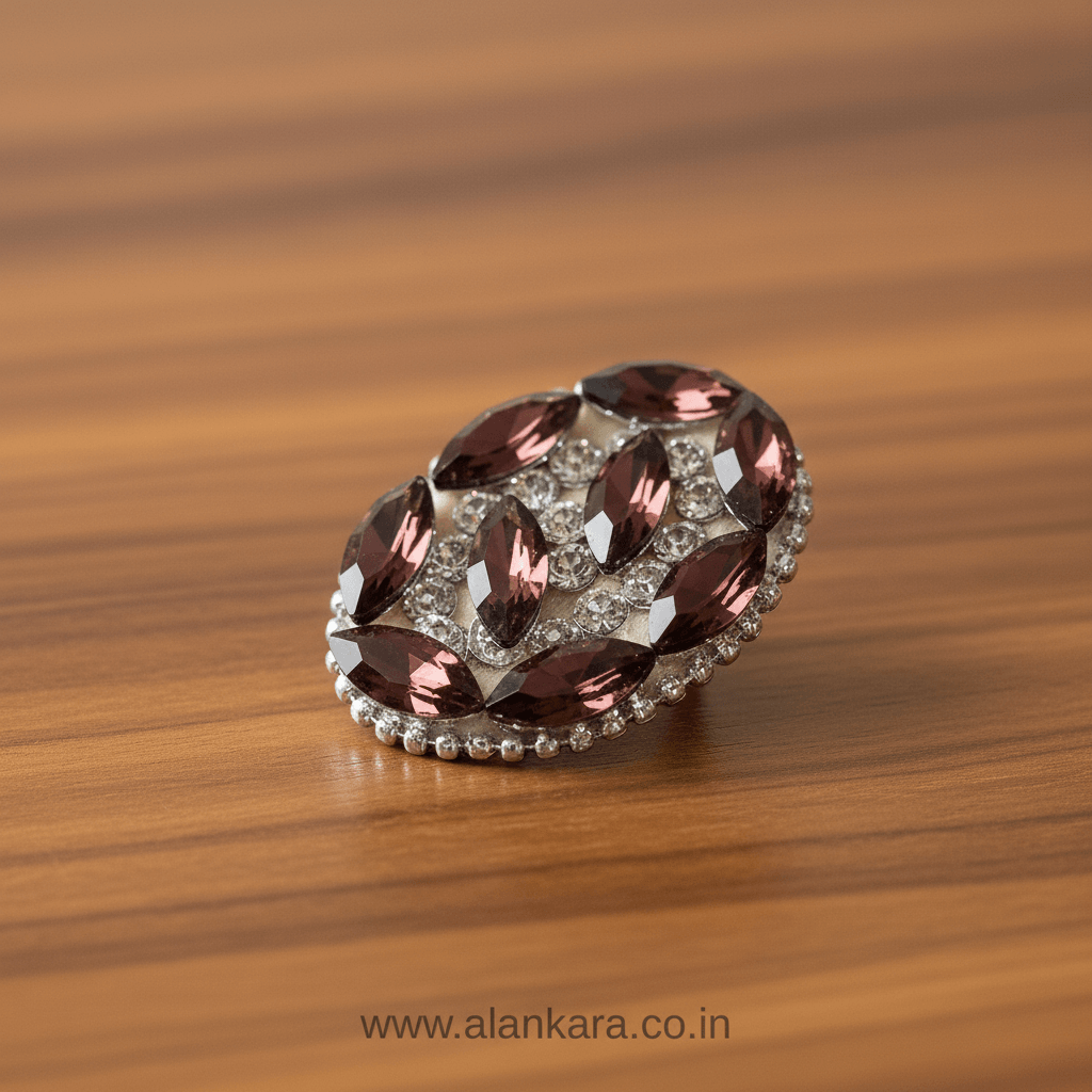 Wine Crystal Noori Saree Pin showcasing rich wine-colored crystals and elegant bead detailing.