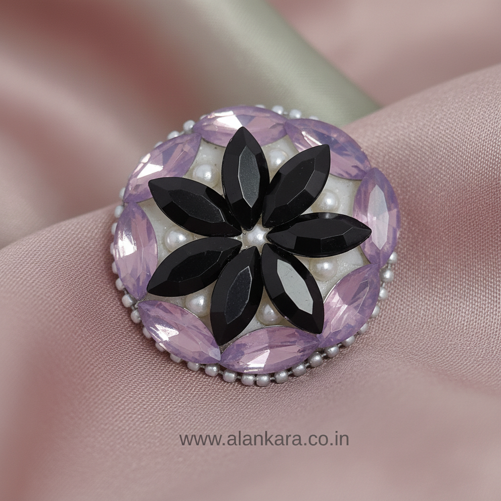 Lavender & Black Floral Crystal Saree Pin featuring a round floral design with crystals and pearls