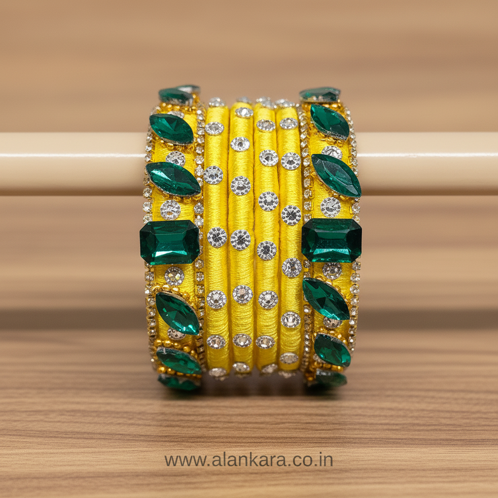 Yellow & Green Noori Silk Thread Bangles embellished with green crystals and American diamonds.