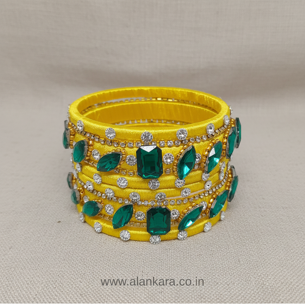Yellow & Green Noori Silk Thread Bangles embellished with sparkling crystals and American diamonds.